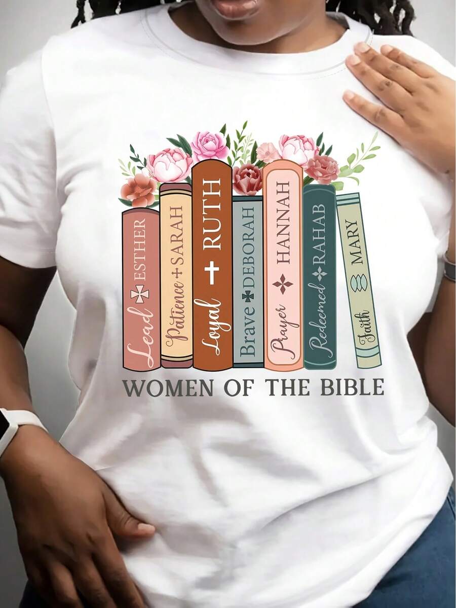 Women Of The Bible Book Print T-Shirt, Casual Round Neck Short Sleeve Tee For Ladies - White - View 1