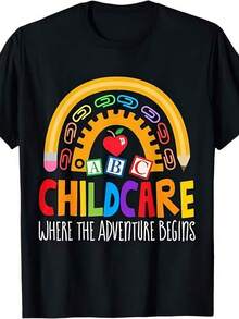 T-Shirt For Women And Men Childcare Workers - Early Education Clothing With Rainbow Hearts And Stars - Black Background - Short-Sleeved Crew Neck T-Shirt For Nursery Teachers And Directors - Comfortable For All Seasons - Professional Development Gift, Playful Design, Comfortable Fit, Nursery Uniform, Fashionable Design, Durable Material, Teacher T-Shirt, Nursery Staff - Basic And Versatile - 黑色 - 查看 9