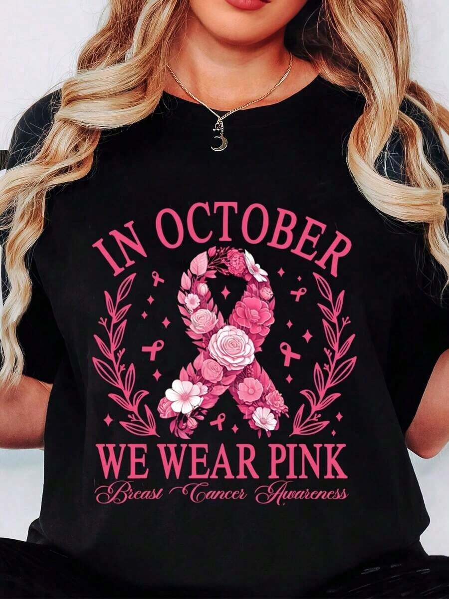 Women's T-Shirt With Floral Design And Pink Ribbon For Breast Cancer Awareness. In October, We Wear Pink For Breast Cancer Awareness Month. - Black - View 1