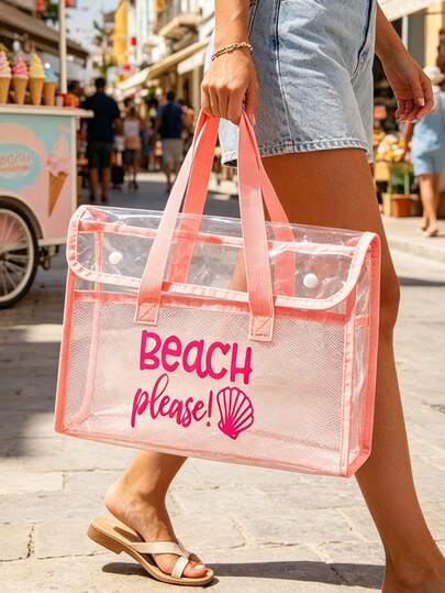 PVC防水沙滩包，印有色彩鲜艳的“BEACH PLEASE”图案，女士沙滩包，透明手提包，果冻手提包，大号泳池手提包，邮轮度假必备，沙滩包配件，旅行必备，适合海滩、旅行、购物、户外活动、工作、上学和日常使用，独特的生日礼物、节日礼物、派对礼物、母亲节礼物、度假礼物、结婚礼物、返校礼物