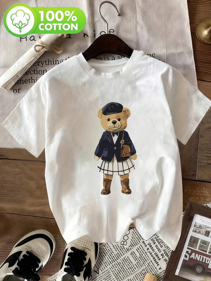 Soft Women's T-Shirt, 100% Cotton, Collegiate Style, With Fun Teddy Bear Print, Cute Bear Design, Suitable For Daily And Casual Wear In Spring And Autumn, Soft And Cute, Youthful Style, Versatile Design, Casual And Fashionable, Simple Round Neck, Comfortable And Breathable Short Sleeves, Elegant Blouses For Ladies. - 白色 - 查看 1