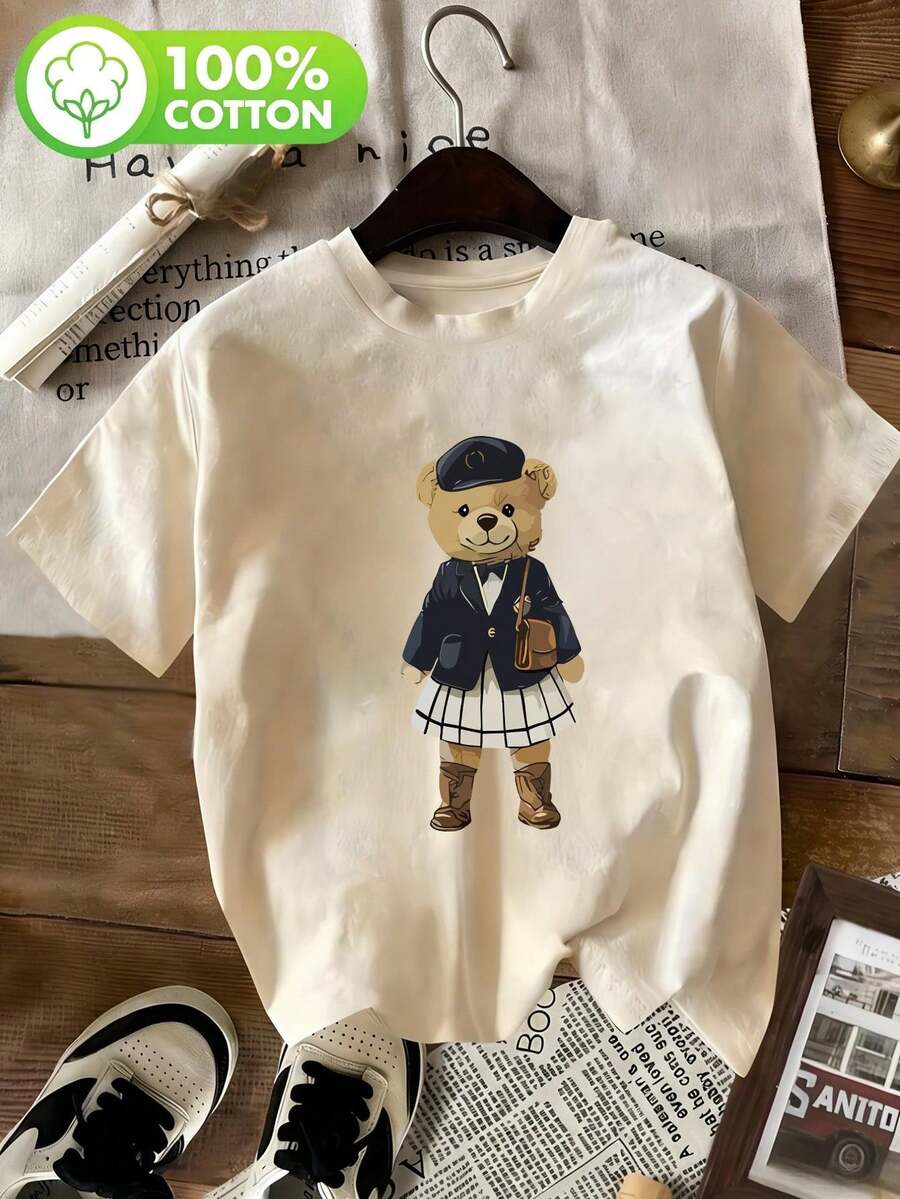 Camiseta suave para mujer, 100% algodón, estilo universitario, con divertido estampado de osito de peluche, diseño de oso lindo, adecuada para el uso diario y casual en primavera y otoño, suave y linda, estilo juvenil, diseño versátil, casual y a la moda, cuello redondo sencillo, mangas cortas cómodas y transpirables, blusas elegantes para dama. - Albaricoque - Ver 1