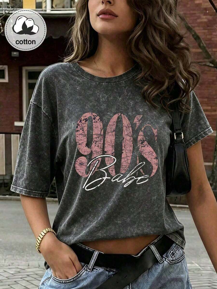 1 Piece Women's Plus Size 80s Retro Graphic T-Shirt - Loose Fit, Large Letter Print, Casual, Short Sleeve, Crew Neck, Machine Washable, Comfortable, Relaxed Fit, Fun Design, Cotton Fabric, Suitable For Daily Wear, Urban Retro Style, Black, Summer, 180g, 100% Cotton - 黑色 - 查看 1