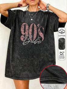 1 Piece Women's Plus Size 80s Retro Graphic T-Shirt - Loose Fit, Large Letter Print, Casual, Short Sleeve, Crew Neck, Machine Washable, Comfortable, Relaxed Fit, Fun Design, Cotton Fabric, Suitable For Daily Wear, Urban Retro Style, Black, Summer, 180g, 100% Cotton - 黑色 - 查看 5