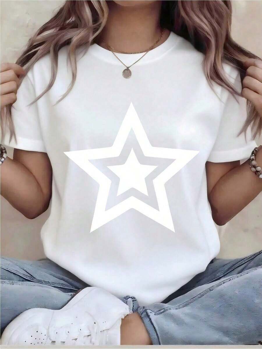 Women's Fun Printed T-Shirt, Casual, Short Sleeve, Crew Neck, Loose Fit, Machine Washable, For All Seasons Comfort, Durable Print, Perfect For Holiday Gifts, Ships From Warehouse - 白色 - 查看 1