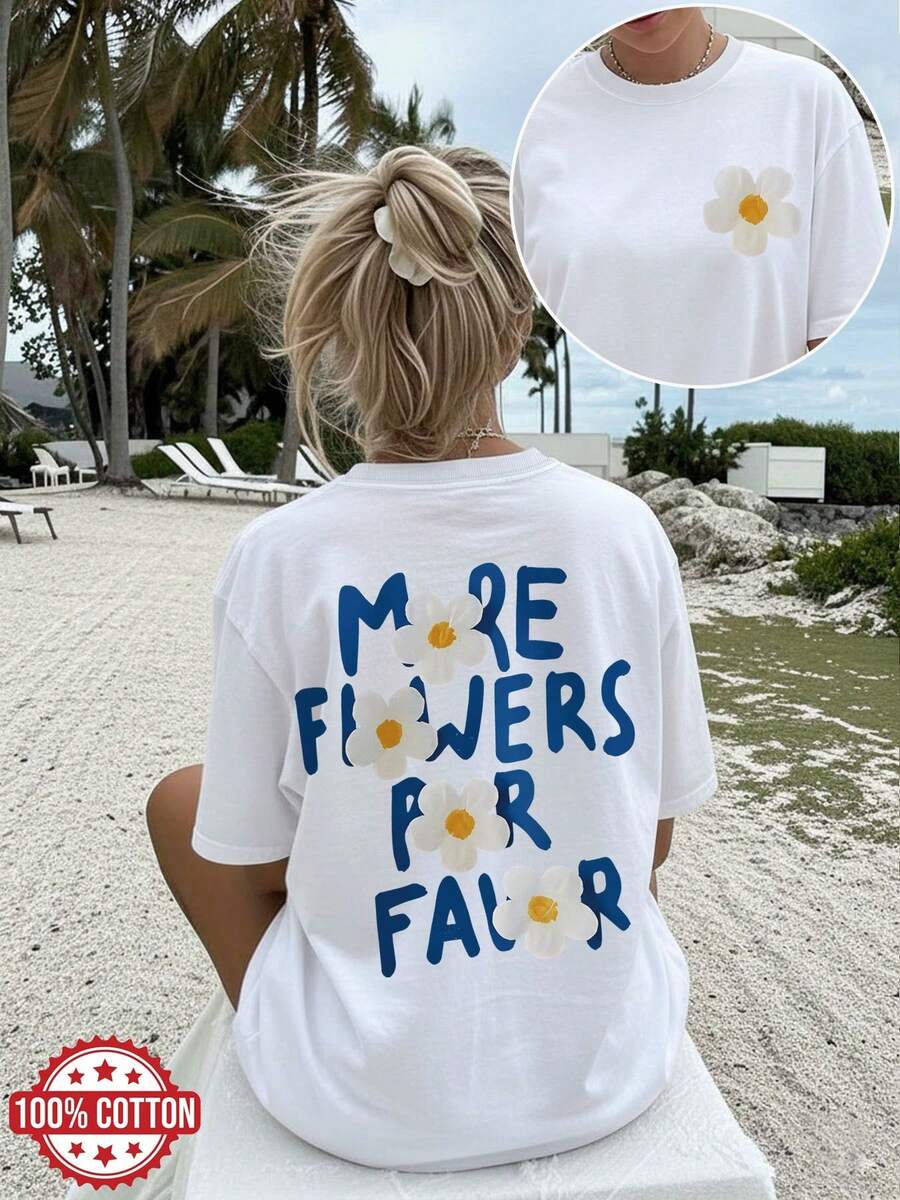[Double-Sided Print] Women's Pure Cotton T-Shirt For Spring And Summer, Beach Fashion, Cool Style, White Floral Print With Lettering, Casual Short-Sleeved T-Shirt With Round Neck, Dropped Shoulders And Loose Fit With "Ore Flowers Please" Print [Chu K] Elegant Party Outfit, T-Shirt For Elegant Ladies, Blouses Suitable For Curvy Women, Prom Skirts, Casual Wear - 白色 - 查看 1
