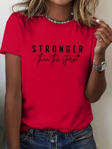 Women's T-Shirt With "Stronger Than The Storm" Print In Turquoise - Stylish Round Neck, Short Sleeves, Breathable Polyester Fiber, Machine Washable, Casual Spring/Summer Top, Women's T-Shirt, Summer Clothing, Bold Text Design, Soft Texture. - 紅色 - 查看 7