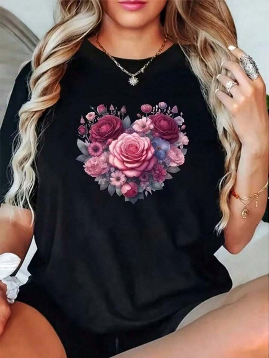 Camiseta estampada para mujer, top casual de manga corta, con un estampado de un ramo de flores en forma de corazón, adecuada para salidas diarias y vacaciones. - Negro - Ver 1