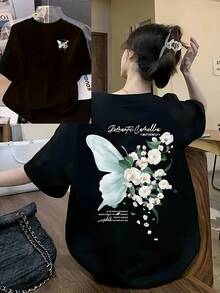 Crew Neck Top. Short-Sleeved T-Shirt With Double-Sided Butterfly Print, Casual Style - Made Of Knit Polyester Fabric, The Perfect Choice For Summer. Comfortable And Stylish For Women - Soft And Breathable, Suitable For Everyday Casual Wear. - 黑色 - 查看 6