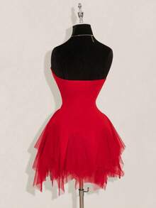 ICON Vestido mini de mujer con parches de malla blanca y ballenas - Rojo - Ver 7