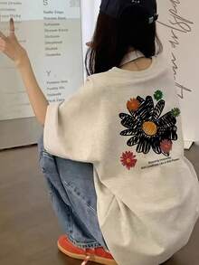 女士宽松圆领短袖字母花卉印花T恤，春夏休闲款 - 淺花灰 - 查看 5