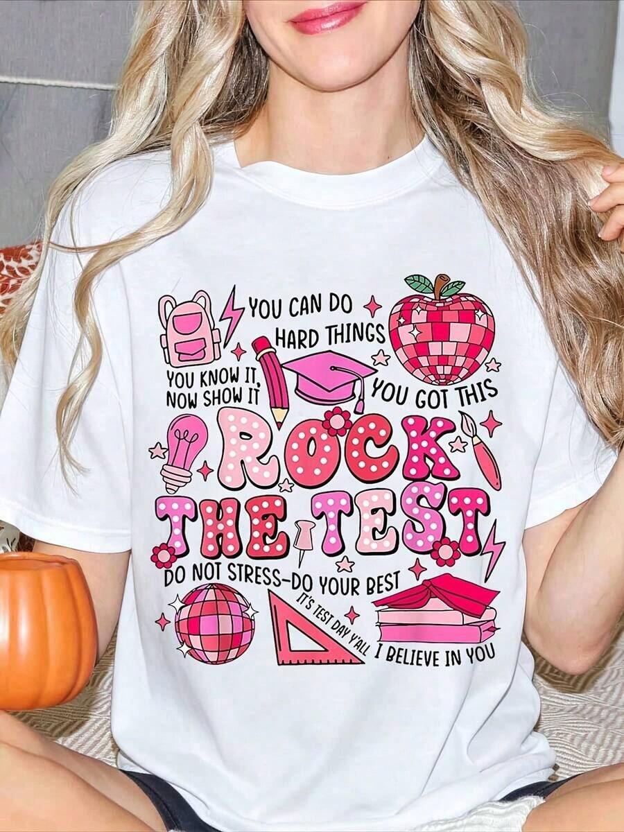 Women's "Rock The Test" Motivational Crew Neck T-Shirt, Ideal For School And Exam Season, Perfect Gift For Students And Teachers, Suitable For Summer And Autumn Celebrations, Perfect Gift For Patriots And Independence Day. - 白色 - 查看 1