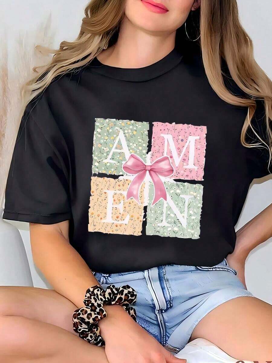 Women's Flirty Bow Sweatshirt, Easter Sweatshirt With The Word "Amen", Easter T-Shirt With Jesus, Easter Gift For Women, Christian Easter T-Shirt, Floral Bible Verse T-Shirt. - 黑色 - 查看 1