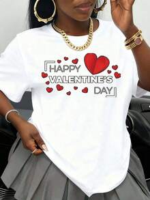 Women's Heart Print T-Shirt For Valentine's Day, Valentine's Day Gift, Casual Wear, Cute And Romantic, Fashionable Summer T-Shirt - 白色 - 查看 7