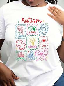 Women's Cotton T-Shirts For Autism Awareness Featuring Colorful Puzzle Pieces And Inspirational Words: Accept, Adapt, Advocate, Love, Educate. Perfect For Autism Awareness Month Or Everyday Wear, These Basic Women's Tops Support And Promote Autism Awareness. - 白色 - 查看 2