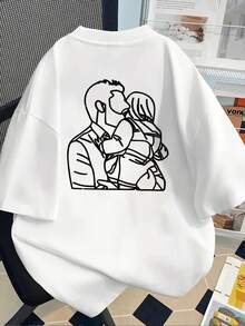 New 180g Short-Sleeved T-Shirt, 1% Cotton, With Prints On The Front And Back - Couple's Hug, Romantic T-Shirt - Fashionable Printed T-Shirt For Women, Short-Sleeved, Suitable For All Seasons, Modern Clothing - Can Be Worn As An Inner Layer In Spring And Autumn Or Alone In Summer, Unisex. - 白色 - 查看 2