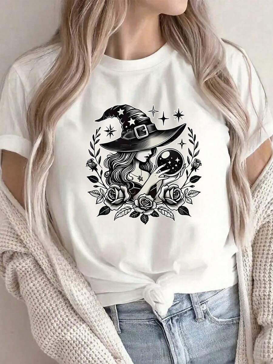 Women's Casual Black T-Shirt With A Witch Design, Ideal For Halloween Celebrations And A Great Gift For Festive Events - 白色 - 查看 1