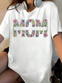 Women's Floral Print "Love You" T-Shirt, Casual Short Sleeve With Headphone Design, Perfect For Everyday Wear And As A Gift Idea, Suitable For Valentine's Day And Spring Season [Ideal For Leisure And Sports Occasions] - 白色 - 查看 7