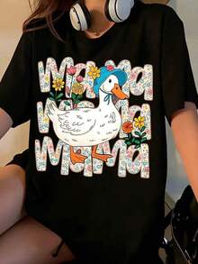 Women's "Duck Mom" Floral Print T-Shirt, Cute Animal Design, Summer Casual Wear, Mother's Day Gift [Suitable For Leisure And Sports Occasions] - 黑色 - 查看 7