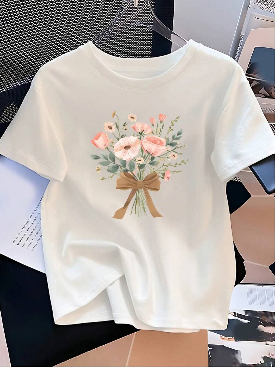 Women's Modern And Minimalist Casual Floral Print T-Shirt - Short-Sleeved Top With Pink And White Flowers And Gold Bow Design, Versatile For All Seasons, Ideal For Casual Daily Wear. - 白色 - 查看 1
