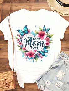 Women's T-Shirt With Heart, Butterfly And Flower Design "World's Best Mom", Mother's Day Gift, Casual Summer Top, 220g - Urban Vintage Style, Unisex, Loose Fit, Cotton, Short Sleeve, Round Neck, 100% Pure Cotton - 白色 - 查看 4