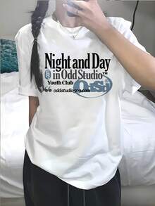 Women's Cotton T-Shirts, Round Neck, Casual, Y2K Design, Black Letter Print, Short Sleeve, Summer, New Fashion, Versatile, Loose Fit, Round Neck, Y2K Top, Simple T-Shirt For Everyday Wear - 白色 - 查看 7