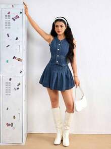 Vestido de mezclilla mini con plisados sin mangas y de estilo de moda para mujer, verano - Azul lavado medio - Ver 3