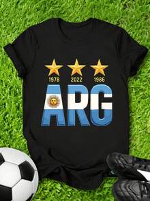 Women's Spring/Summer T-Shirt. Casual Women's T-Shirt With An Argentinian Print, Round Neck, Appliqué Details, Regular Fit, And Short Sleeves. Create Everyday Looks That Make You Look Slimmer. - 黑色 - 查看 8