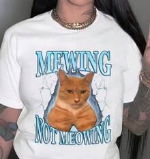 Women's Simple Casual Short Sleeve Crew Neck Sports T-Shirt With Cat Print - Unisex Vintage Urban Style, Loose Fit Cotton Short Sleeve Crew Neck T-Shirt - 白色 - 查看 1