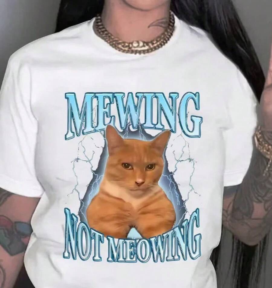 Women's Simple Casual Short Sleeve Crew Neck Sports T-Shirt With Cat Print - Unisex Vintage Urban Style, Loose Fit Cotton Short Sleeve Crew Neck T-Shirt - 白色 - 查看 1