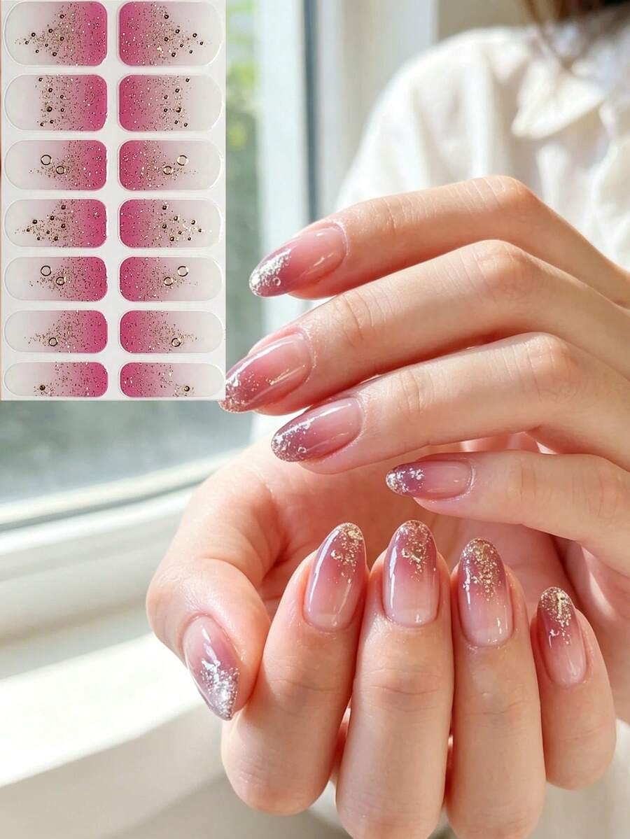 Hình dán móng tay họa tiết chấm bi gradient nhuộm màu, lấp lánh, đính đá 3D, trang trí toàn bộ móng. - Nhiều màu - Xem 1