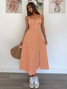 Vestido a media pantorrilla con tirantes a cuadros para mujeres, de moda y apropiado para el verano - Naranja - Ver 5