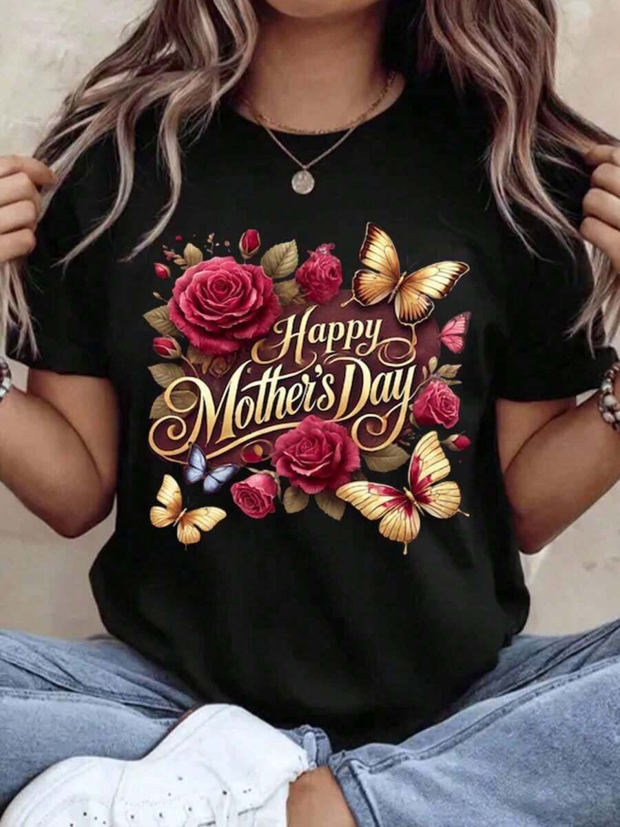 Happy Mother's Day T-Shirt With Roses And Butterflies Design For Women, Casual T-Shirt For Mother's Day Gift, 220g - Urban Vintage Style, Unisex, 100% Pure Cotton, Short Sleeve, Round Neck. - 黑色 - 查看 1