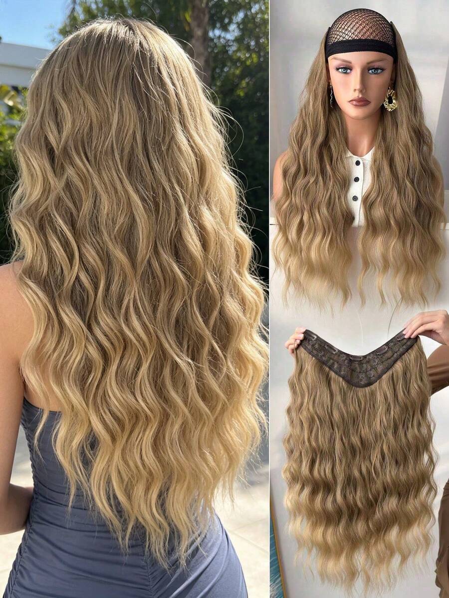 24 Inch V-Shaped Light Brown Water Wave Wig, Heat Resistant Synthetic Fiber Material, Suitable For Women & Girls To Wear For Parties And Daily Use