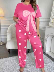 Plus Size Women's Polka Dot Bow Print Pajama Set Pink Short Sleeve Top + Long Pants Loungewear 2-Piece Set - Hot Pink - View 9