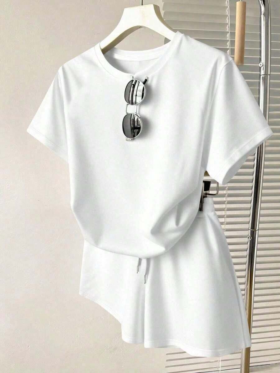 Conjunto casual diario de top de manga corta de cuello redondo de unicolor y shorts con cordón en la cintura para mujer - Blanco 3 - Ver 1