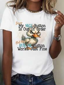 Plus Size Women's Summer T-Shirt With Round Neck, Breathable, Printed, Short Sleeve, Casual, With Adorable Duck Design, Soft, Stylish And Breathable, Suitable For Any Season, Creative Print, Ideal For All Seasons, Simple, For Holiday Gifts, Daily Wear, Very Suitable For Cool Summer. - 白色 - 查看 8