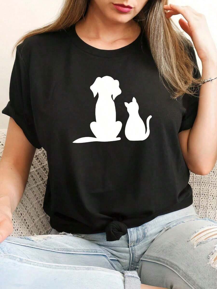 Women's Casual Sports T-Shirt With Dog And Cat Print, Round Neck, Short Sleeve, Polyester Fabric For Spring/Summer - 黑色 - 查看 1