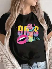 Camiseta de Mujer de Corte Regular con Estampado Retro de los 90 - Top Casual Negro de Manga Corta con Impresiones Impactantes de los 90 (90/91/92/93/94/95) - Camiseta Ligera y Cómoda de Cuello Redondo, Ideal para Fiestas Temáticas de los 90, Estilos Casuales y Looks Nostálgicos.Idea de regalo: Transpirable y cómodo - Negro - Ver 7