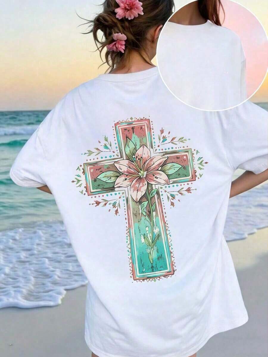 Lightweight Summer T-Shirt With Brushstroke Print And Hand-Drawn Cross, "God Is Always Good" Christian Religious T-Shirt, Casual Short-Sleeved Crew Neck Faith T-Shirt In White. Pure-Cotton - 白色4 - 查看 1