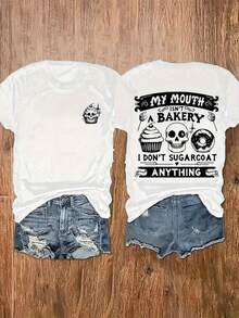 Women's 180g White T-Shirt, Printed On Both Sides With A Skull And Slogan, Casual Top, Round Neck And Short Sleeves, With The Print "My Mouth Is A Bakery, I Don't Sweeten Anything" - A Stylish One-Piece Design. - 白色 - 查看 8