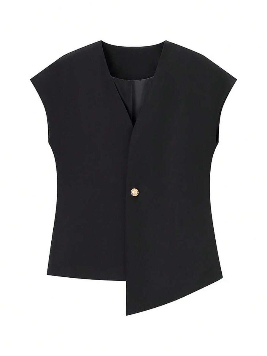 Women's Dress Vest, Sleeveless Design With V-Neck And Front Button Closure, Fitted Sack-Style Cut, Available In Various Solid Colors (Beige, Burgundy, Olive Green, Brown, Black), Faux Wool Fabric With A Fluid Drape, Elegant And Professional Style Ideal For Office, Work And Formal Spring And Autumn Events. - 黑色 - 查看 1