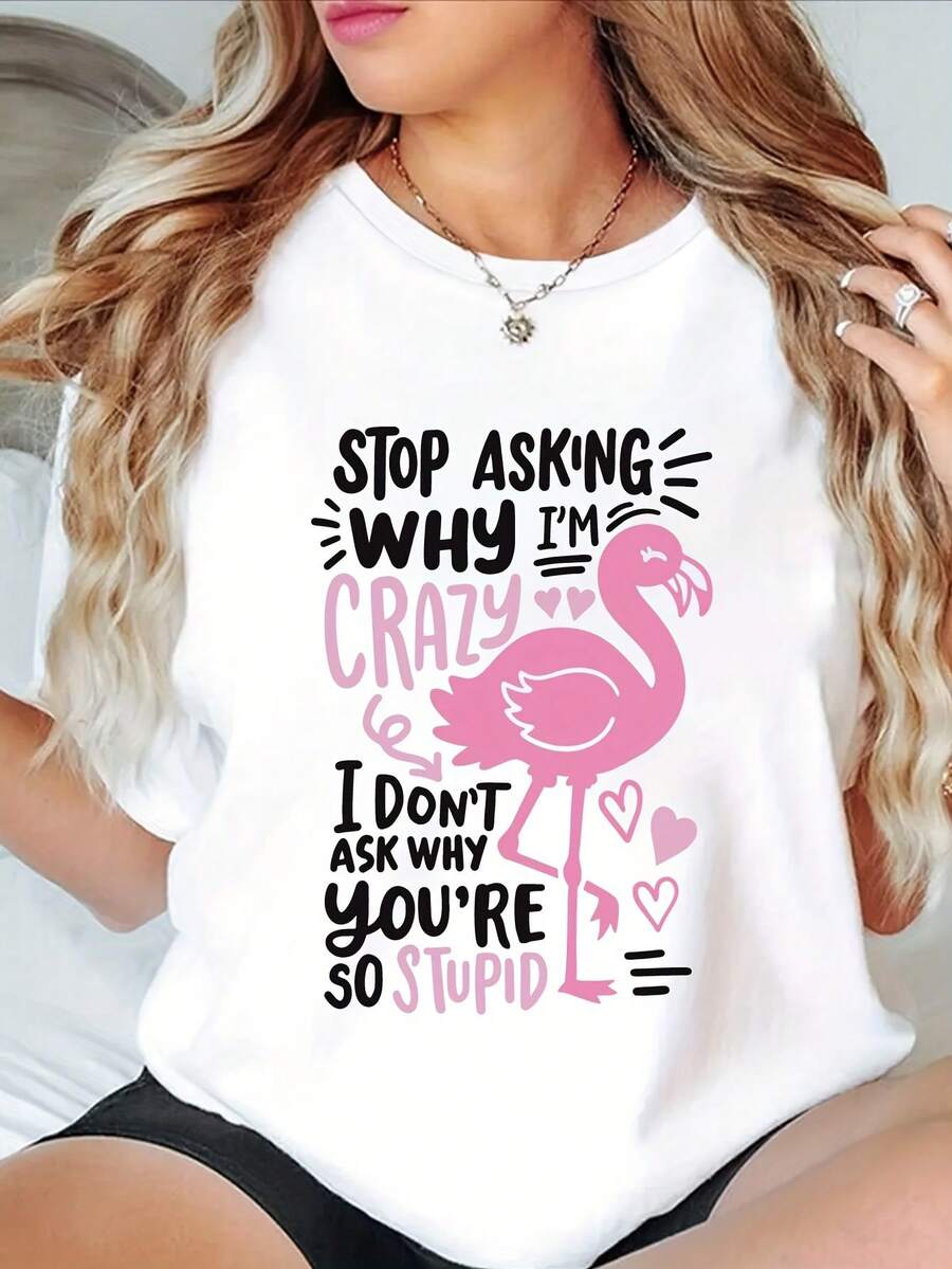 Women's Flamingo Graphic T-Shirt - Casual Short Sleeve, Crew Neck, Soft Blend, White With Pink Print, Perfect For Spring And Summer, Everyday T-Shirt With Fun Graphic, Knit Fabric - 白色 - 查看 1