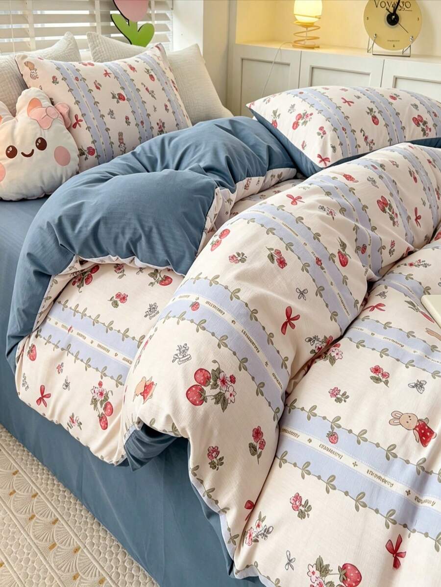 4pcs Ins Cute Style Cream & Blue Strawberry Rabbit Striped Print Duvet Cover Set, Adorable Floral Pattern, Soft Breathable Texture Bedding Set, Includes 1 Duvet Cover + 2 Pillowcases + 1 Flat Sheet, Machine Washable, Suitable For Bedroom & Dorm, All Seasons - Male Friend - View 1