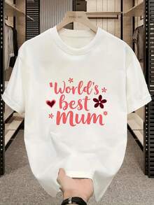 White Casual Crew Neck T-Shirt With Floral Heart Print "World's Best Mom", Mother's Day Gift For Women, PLUS SIZE - 白色 - 查看 1