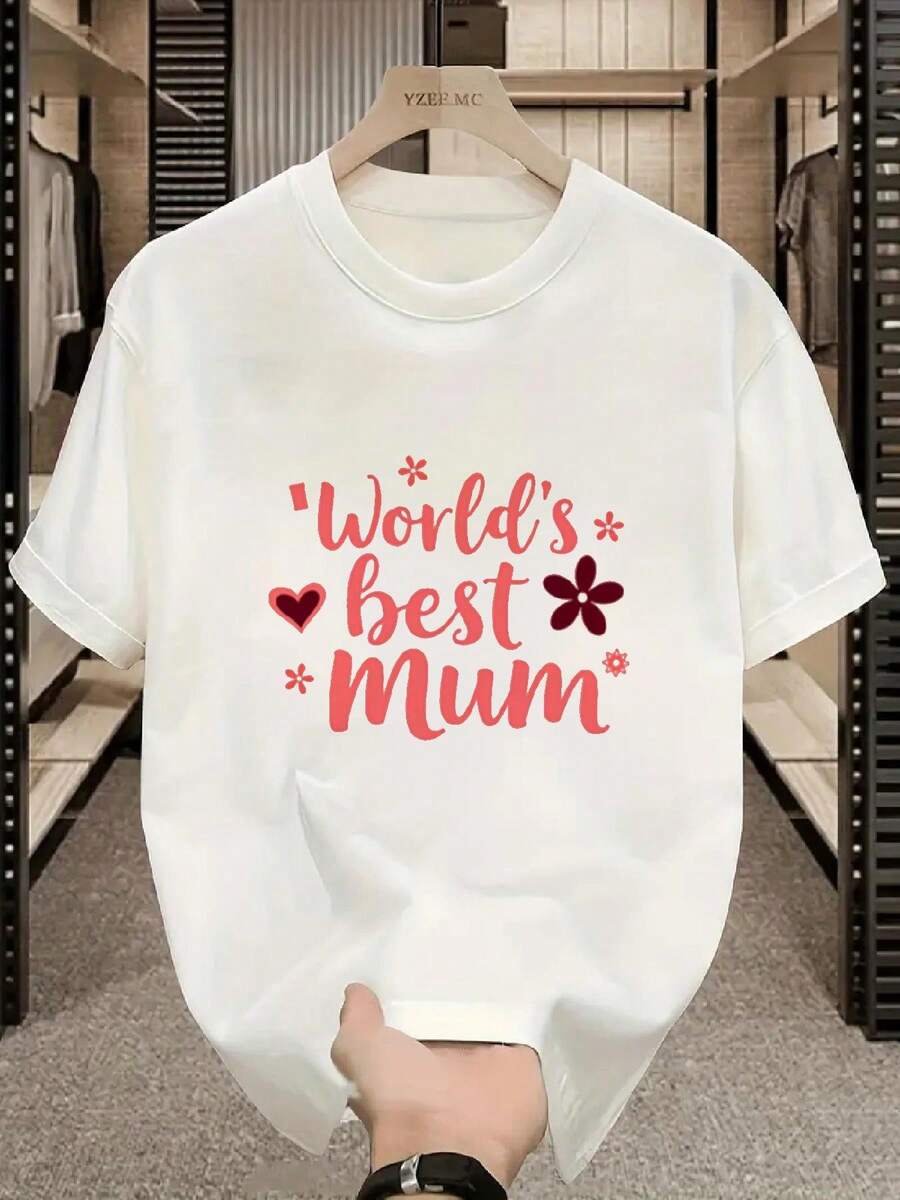 White Casual Crew Neck T-Shirt With Floral Heart Print "World's Best Mom", Mother's Day Gift For Women, PLUS SIZE - 白色 - 查看 1