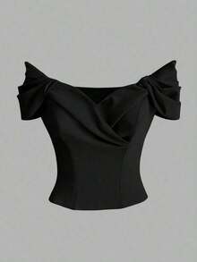 Blusa corta elegante de estilo francés con diseño plisado, cintura ceñida, efecto estilizante, de moda, de alta gama, refinada, para verano - Negro - Ver 4
