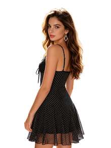Minivestidos de mujer con estampado de lunares, de moda veraniega, sin mangas, con escote en V y bajo con volantes. - Negro - Ver 10