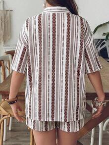 VCAY Conjunto de 2 piezas de camisa y shorts a rayas azules y blancas para mujer de talla grande, ropa de verano para vacaciones en la piscina, estilo boho chic, ropa de mujer, conjuntos para brunch, ropa para el aeropuerto, ropa para vacaciones en la playa, ropa para escapadas urbanas, ropa de vacaciones, ropa occidental para mujer, ropa occidental para mujer, conjuntos de verano europeos para vacaciones en la isla, conjuntos para luna de miel, conjuntos de estilo Old Money South Beach, conjuntos de la  de Amalfi, conjuntos de encaje, top de encaje. - Multicolor 2 - Ver 3