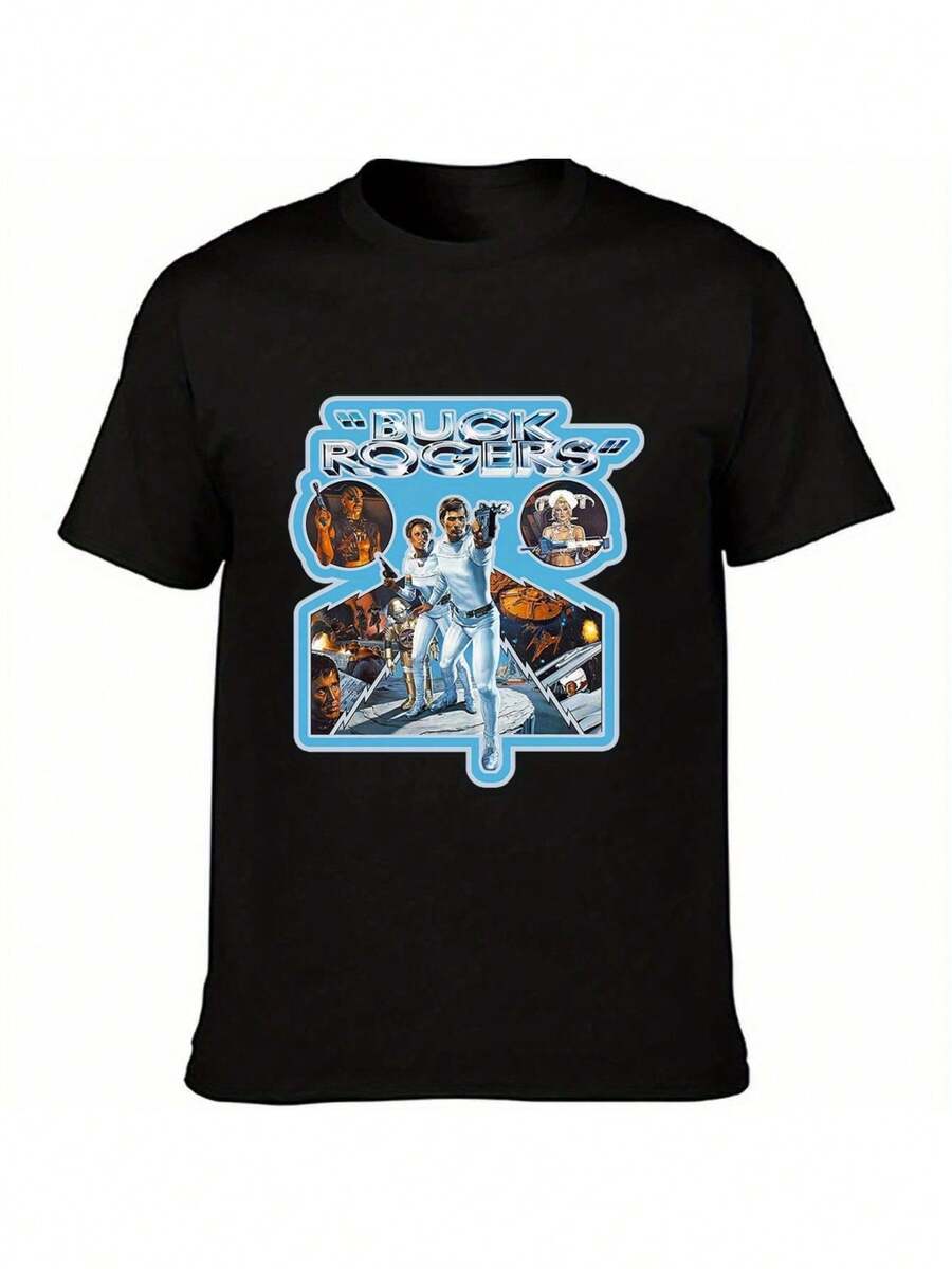 Vintage-Print T-Shirts And Sweatshirts Featuring The Classic 80s Sci-Fi Series Theme <Buck Rogers> - Unisex Casual Style With Retro Poster Design, Regular Fit, Short Sleeves, Machine Washable, Black Base With Blue And White Prints - A Perfect Gift For Men And Women, Ideal For Travel, Home And Parties, A Perfect Gift For Her Or Him. - 黑色 - 查看 1